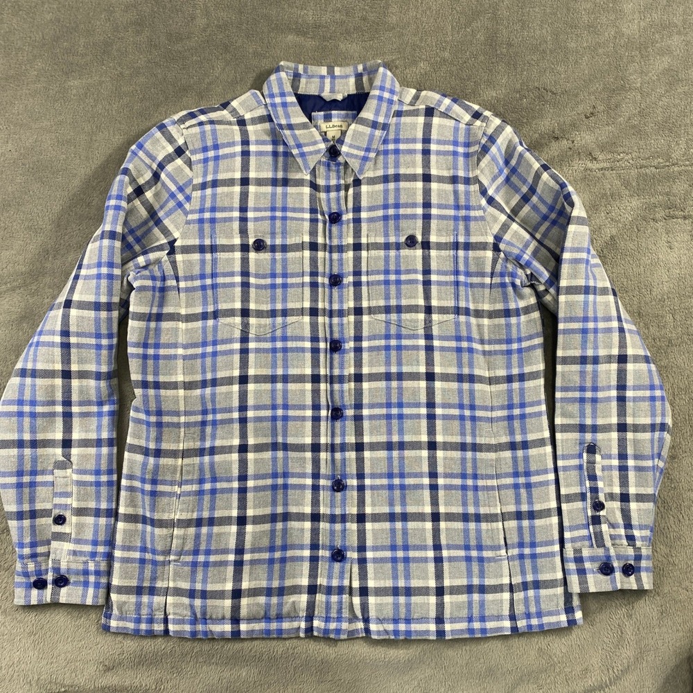 LL Bean Shirt Jacket Womens M Blue Plaid PrimaLoft Lined Flannel Shacket Utility